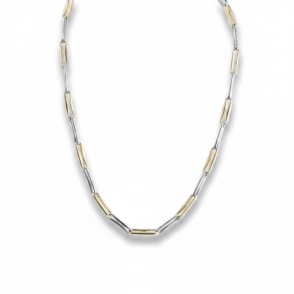 Ladies Two Tone Long Pinched Oval Link 18" Chain in 9ct Yellow & White Gold