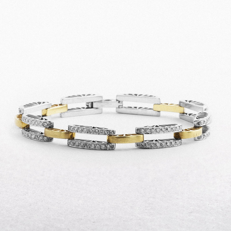 Ladies Two Tone Natural Diamond Art Deco Open Double Row Panel Bracelet Weighing 25g in 18ct Gold
