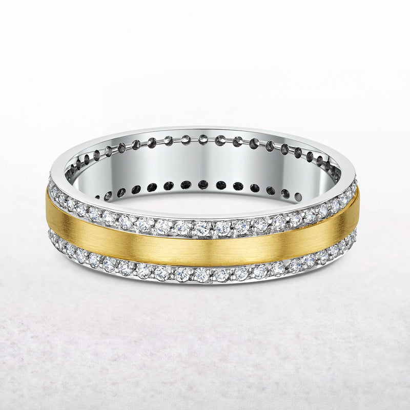 Ladies Two Tone Satin Finish Center Natural Diamond Edges Wedding Band In 18ct Gold