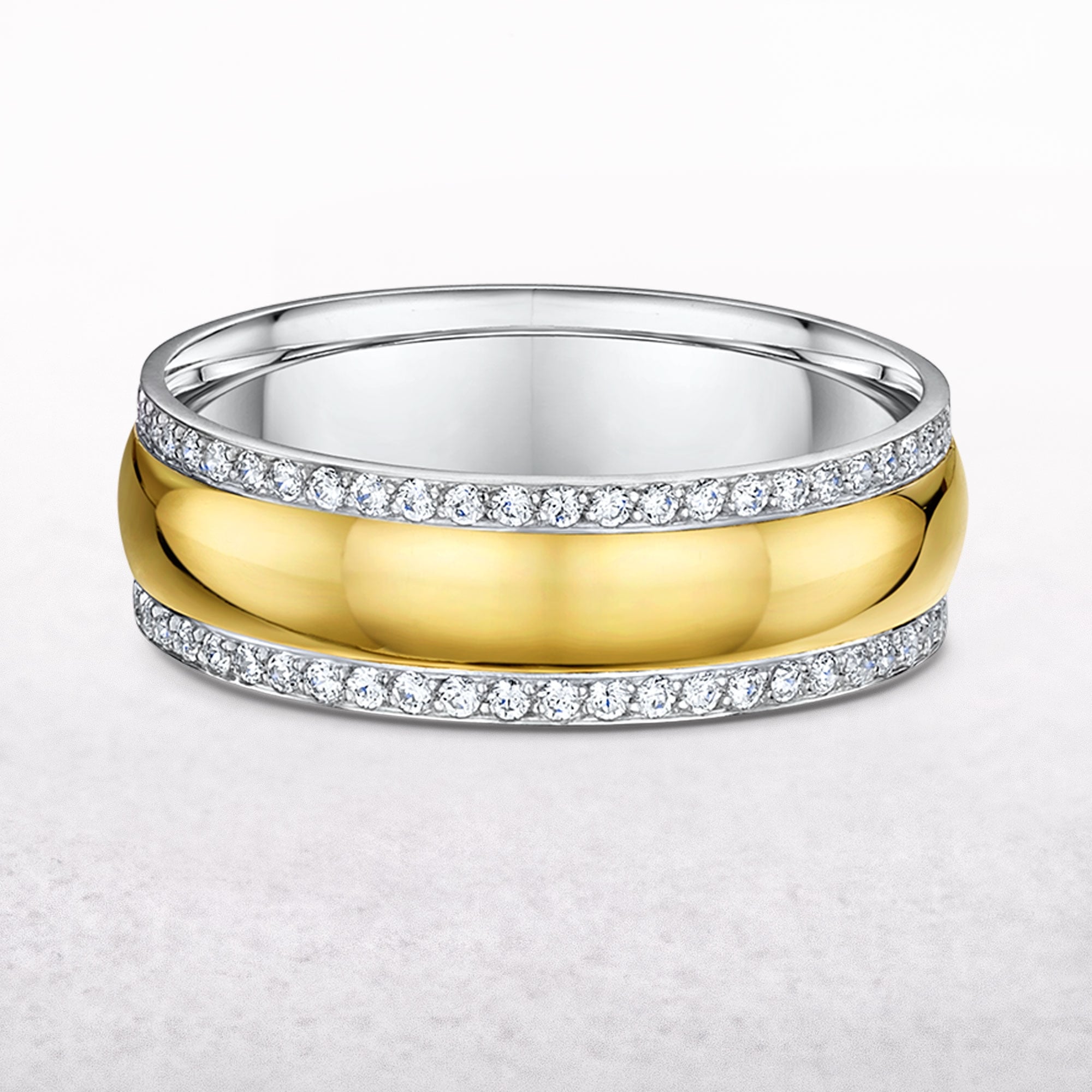 Ladies Two Tone Satin Finish Centre Natural Diamond Edging Wedding Band In 18ct Yellow Gold
