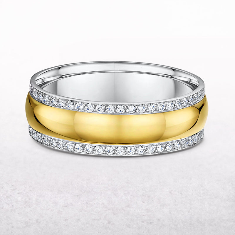 Ladies Two Tone Satin Finish Centre Natural Diamond Edging Wedding Band In 18ct Yellow Gold