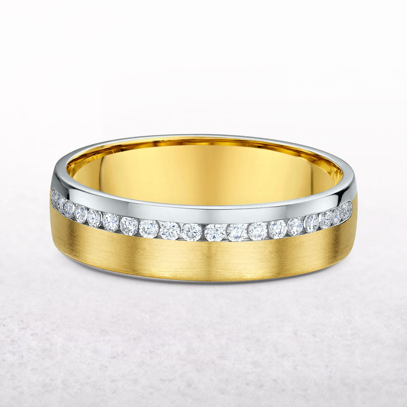 Ladies Two Tone Satin & Matt Finish Channel Set Natural Diamond Wedding Band In 18ct Yellow Gold
