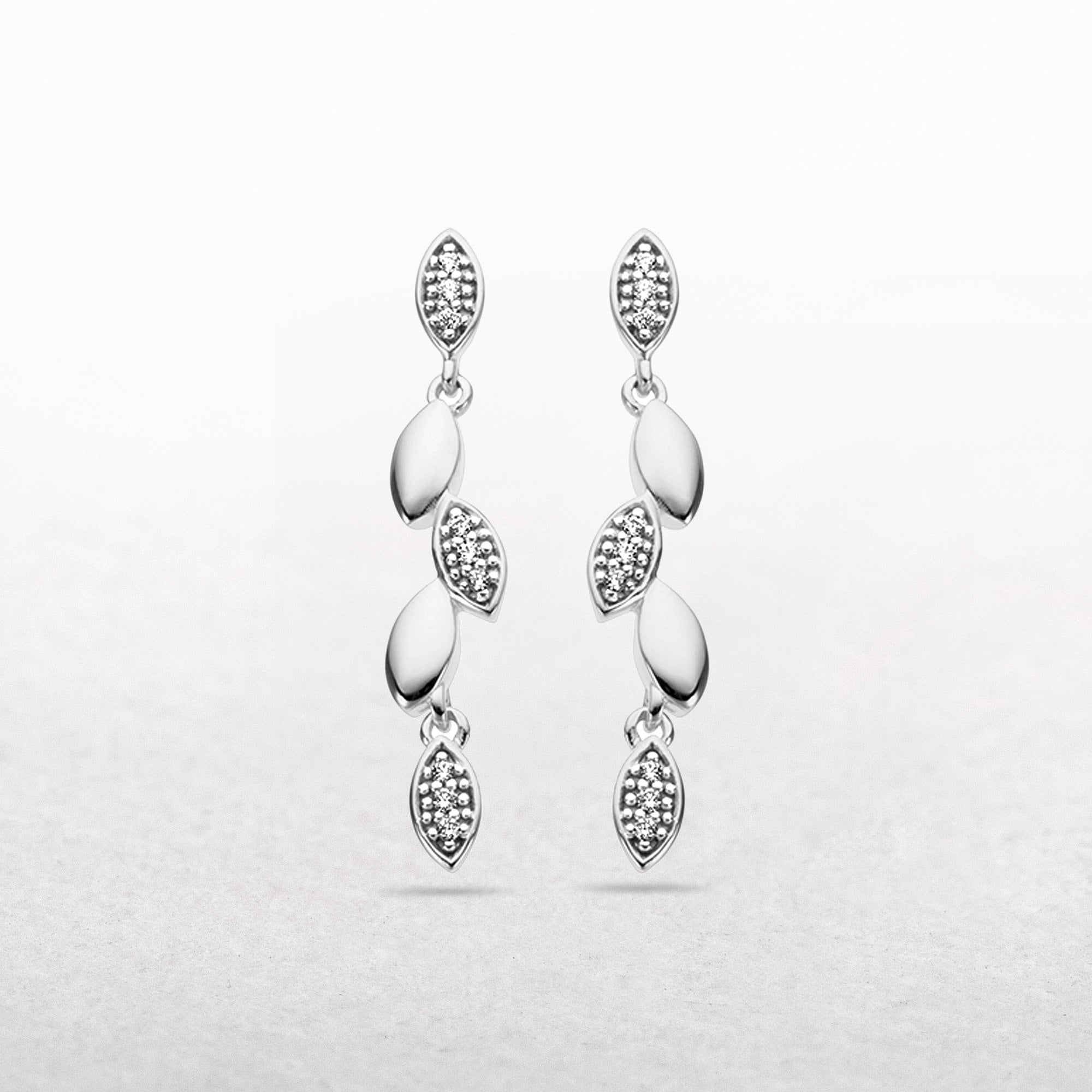 Long Drop 0.08ct Diamond Leaf Style Earrings in 9ct White Gold