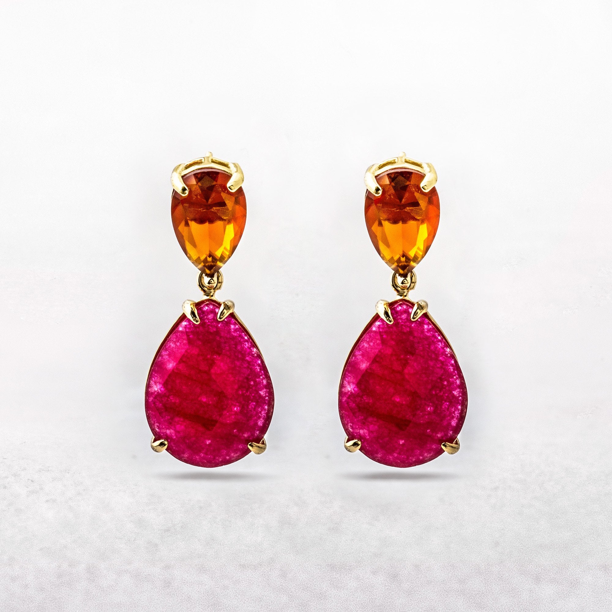 Magenta and Orange Gold Plated Silver Earrings