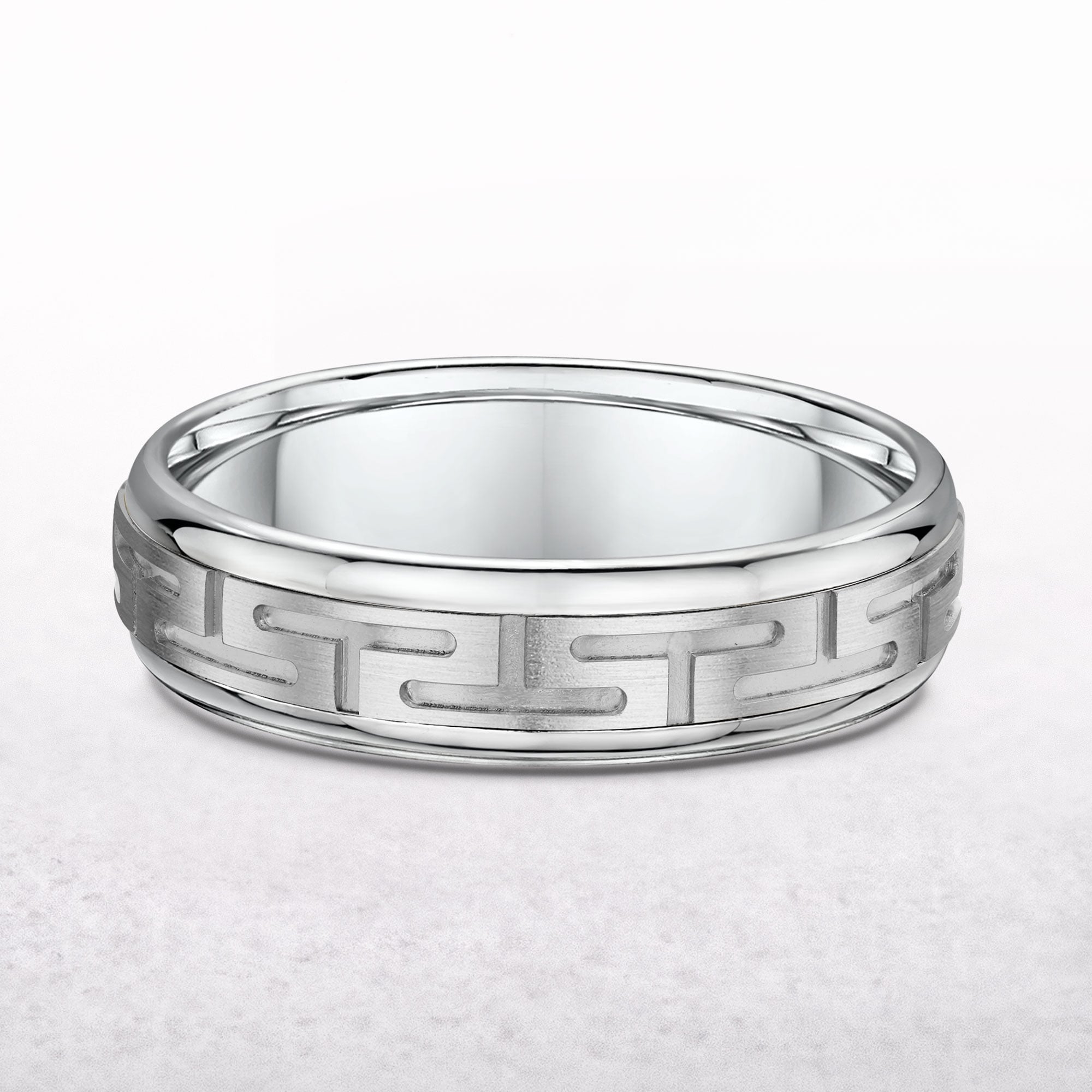 Matt Finish Greek Pattern Style Gents Wedding Band In 18ct White Gold