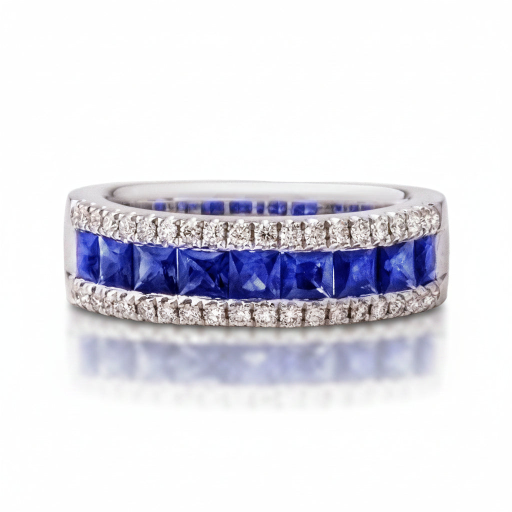 Natural diamond and Sapphire Princess Cut Ring in 18ct White Gold