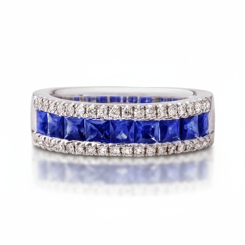 Natural diamond and Sapphire Princess Cut Ring in 18ct White Gold