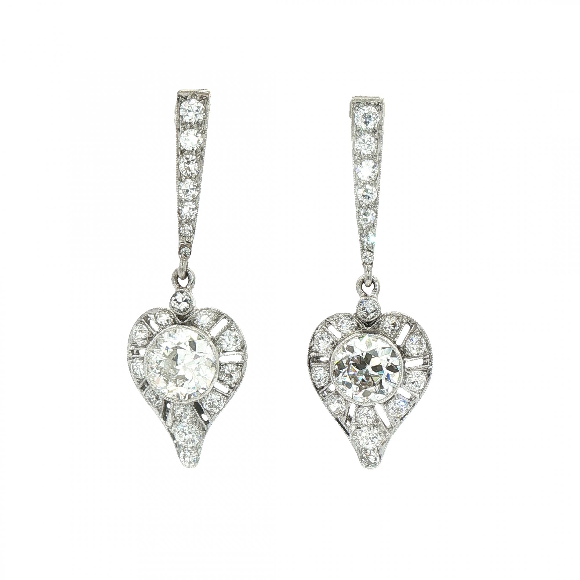 Natural Diamond Heart Vintage Drop Earrings in 18ct White Gold