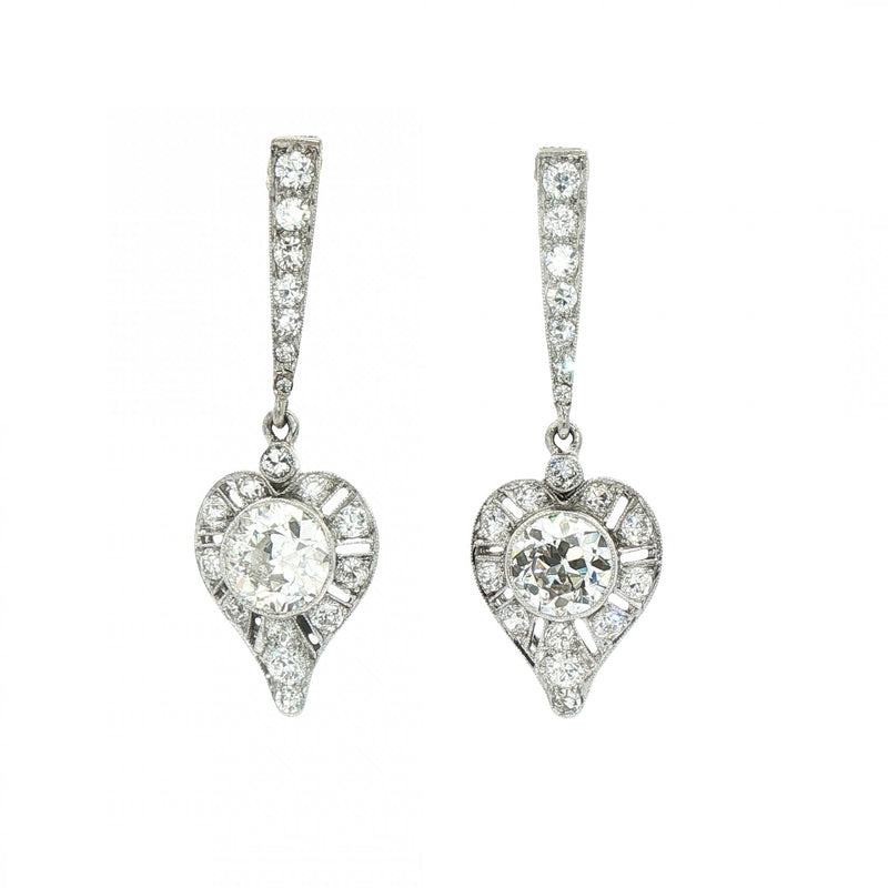 Natural Diamond Heart Vintage Drop Earrings in 18ct White Gold