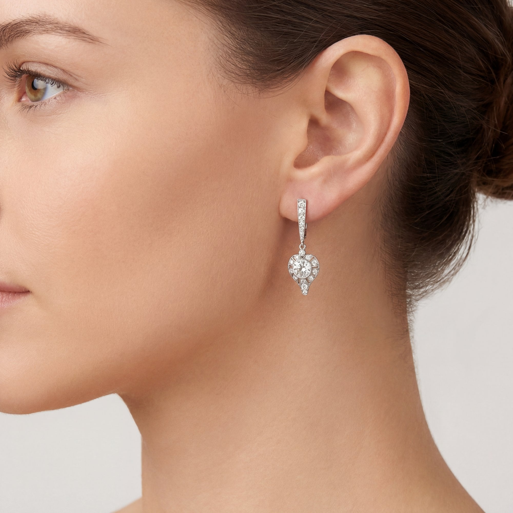 Natural Diamond Heart Vintage Drop Earrings in 18ct White Gold