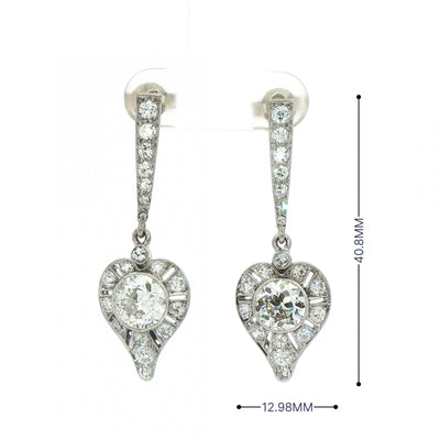 Natural Diamond Heart Vintage Drop Earrings in 18ct White Gold