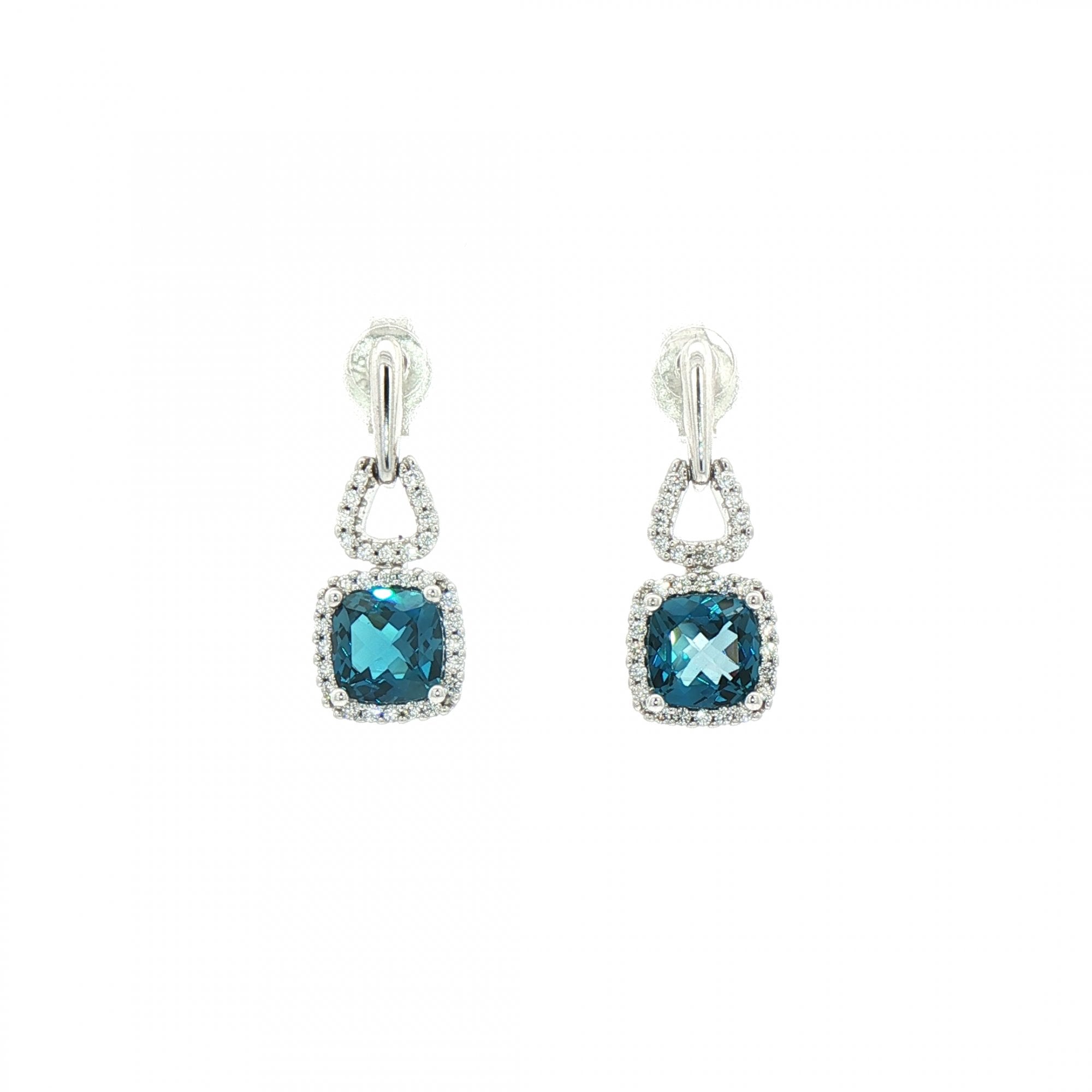 Natural Diamond & London Blue Topaz Cushion Drop Earrings in 18ct White Gold