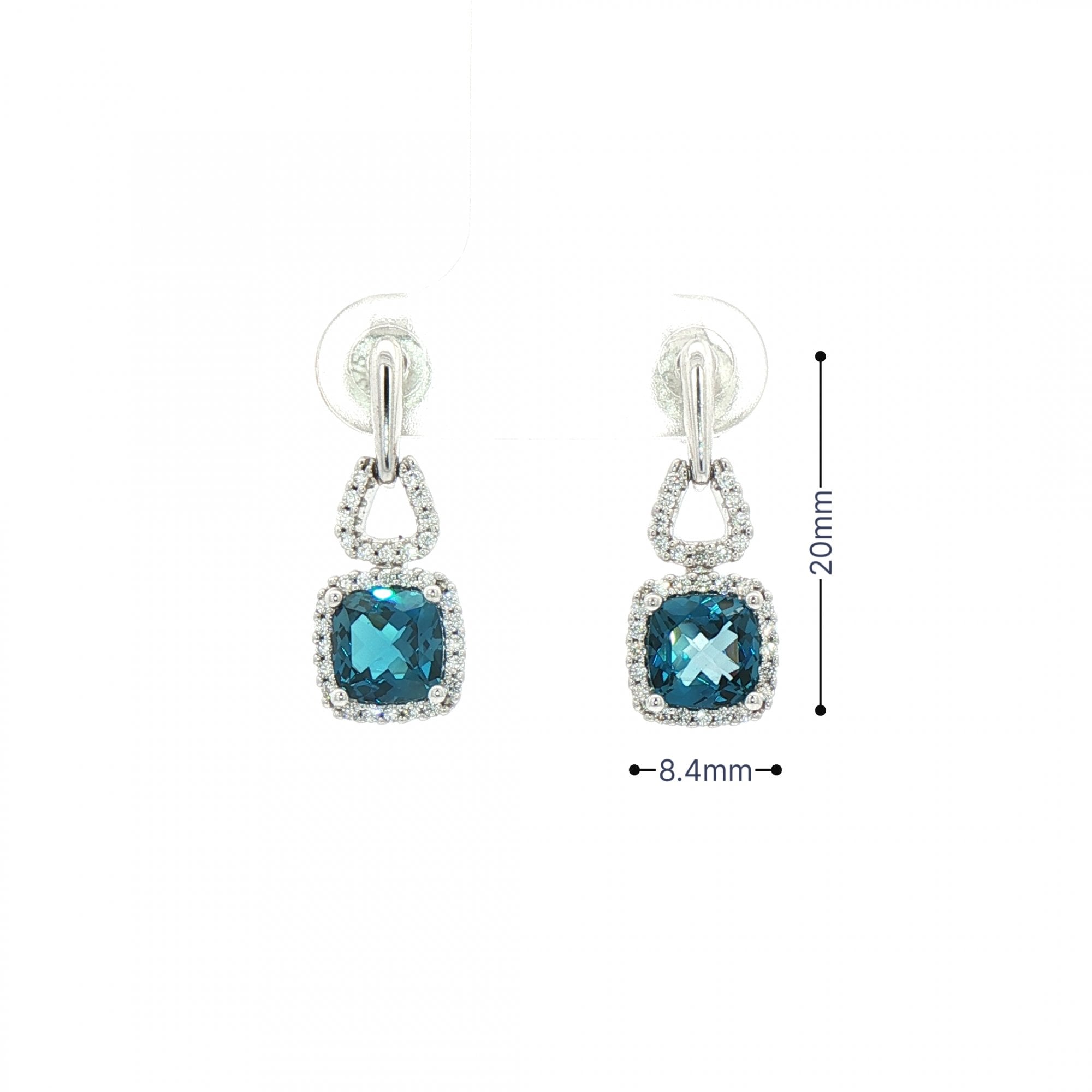 Natural Diamond & London Blue Topaz Cushion Drop Earrings in 18ct White Gold