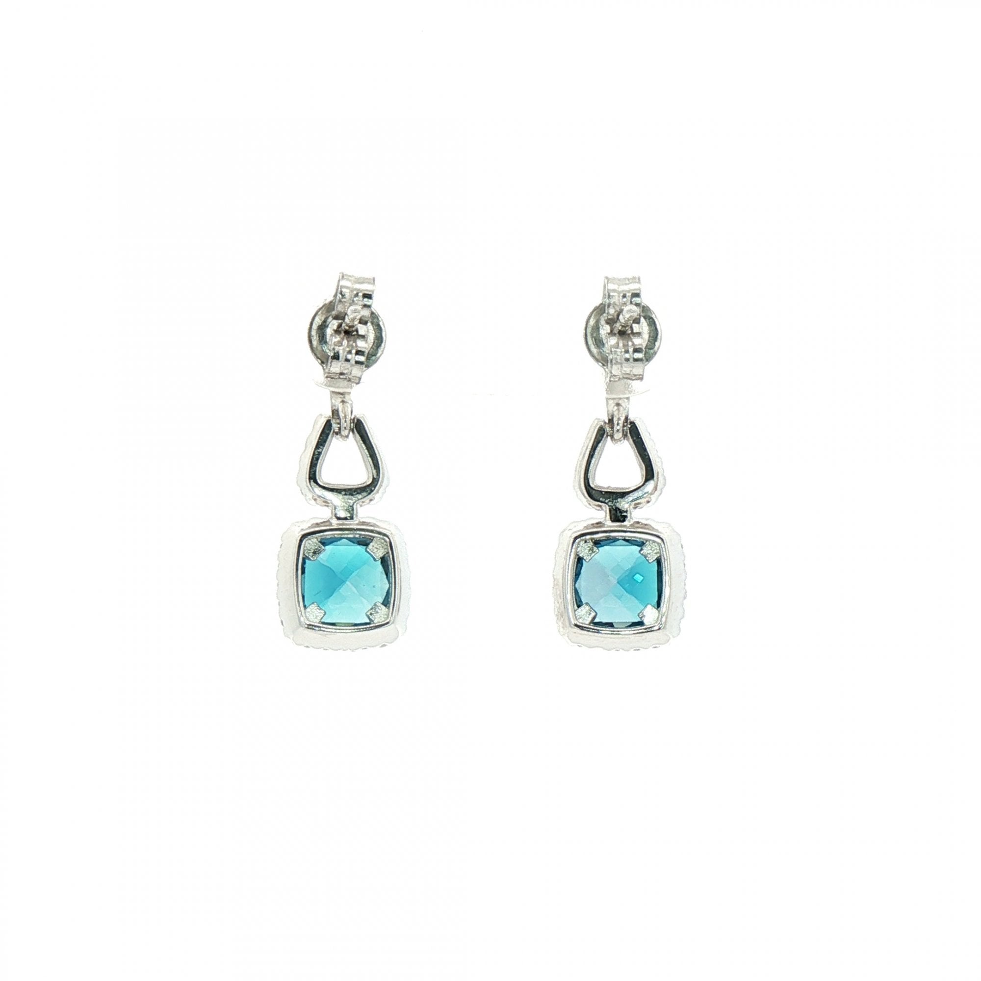 Natural Diamond & London Blue Topaz Cushion Drop Earrings in 18ct White Gold