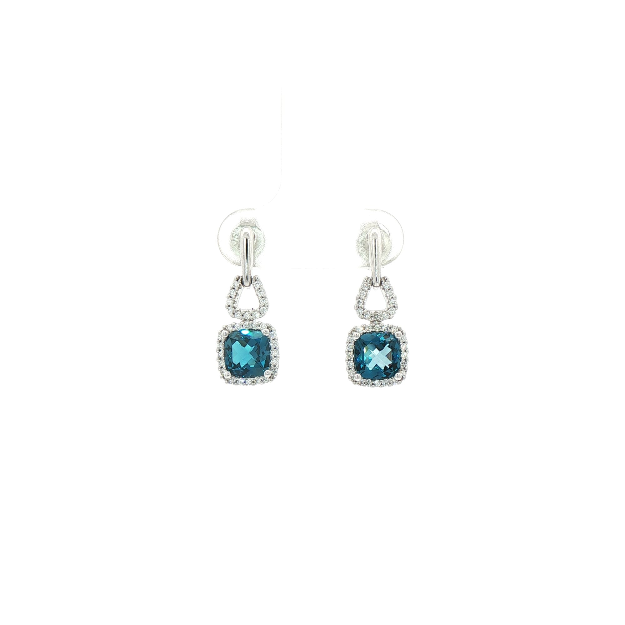 Natural Diamond & London Blue Topaz Cushion Drop Earrings in 18ct White Gold