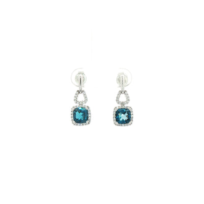 Natural Diamond & London Blue Topaz Cushion Drop Earrings in 18ct White Gold