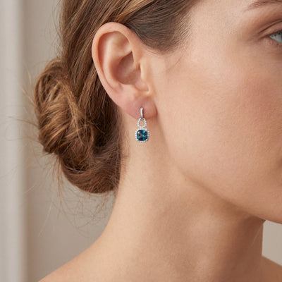 Natural Diamond & London Blue Topaz Cushion Drop Earrings in 18ct White Gold