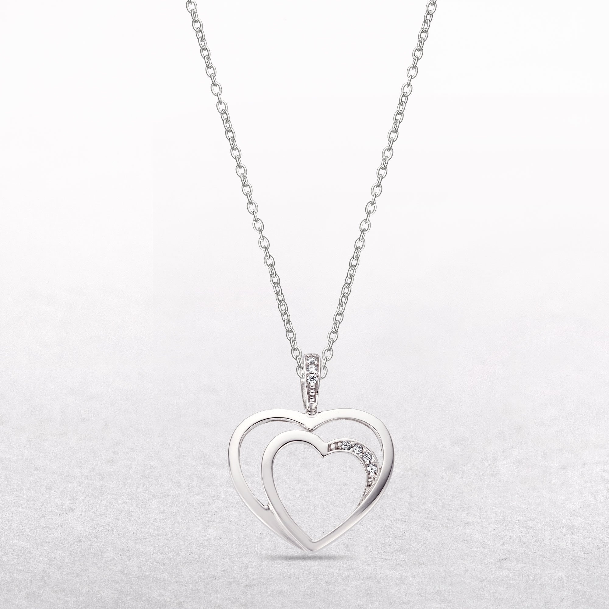 Natural Diamond Set Double Heart Pendant in 9ct White Gold