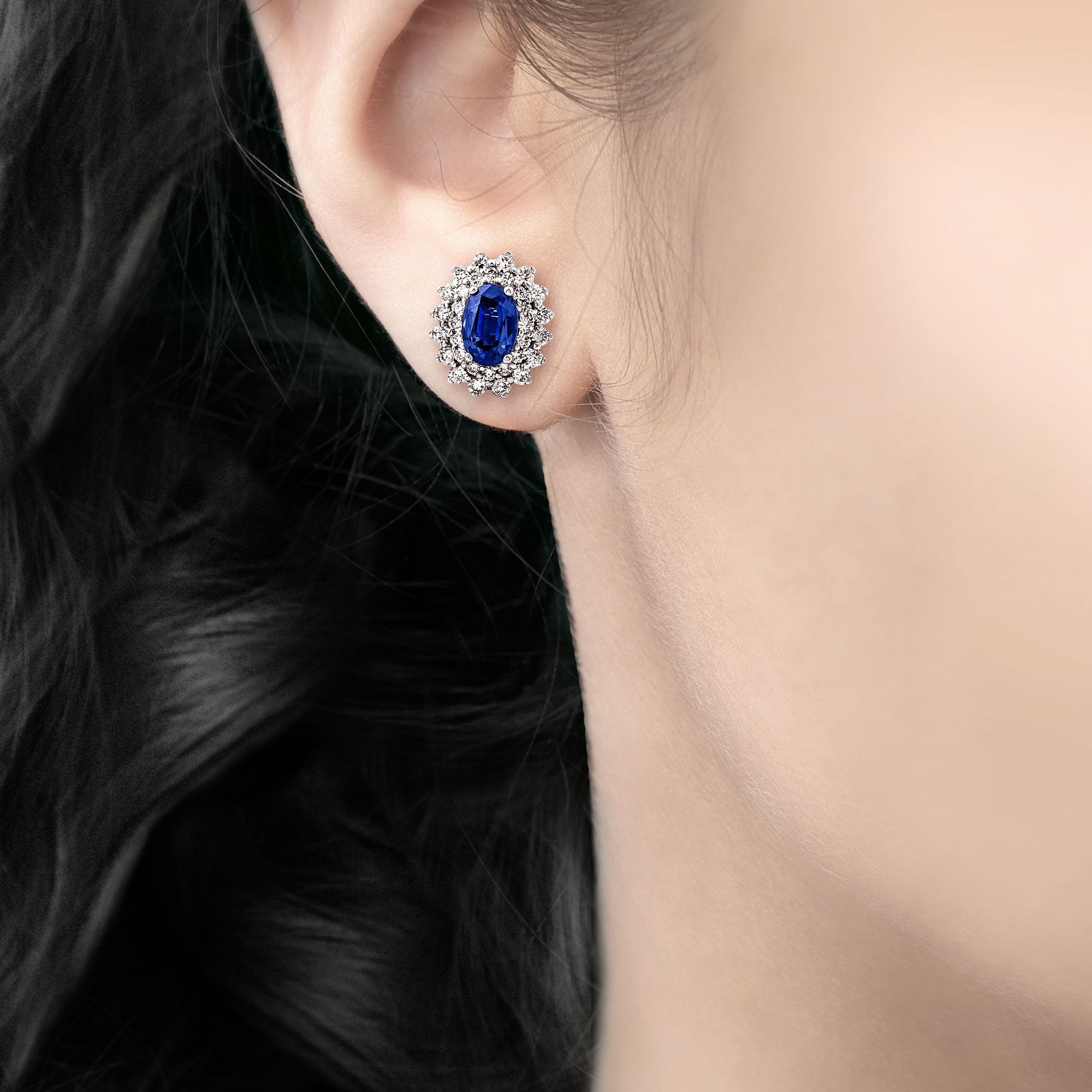 Oval 1.32ct Sapphire & Diamond Cluster Stud Earrings