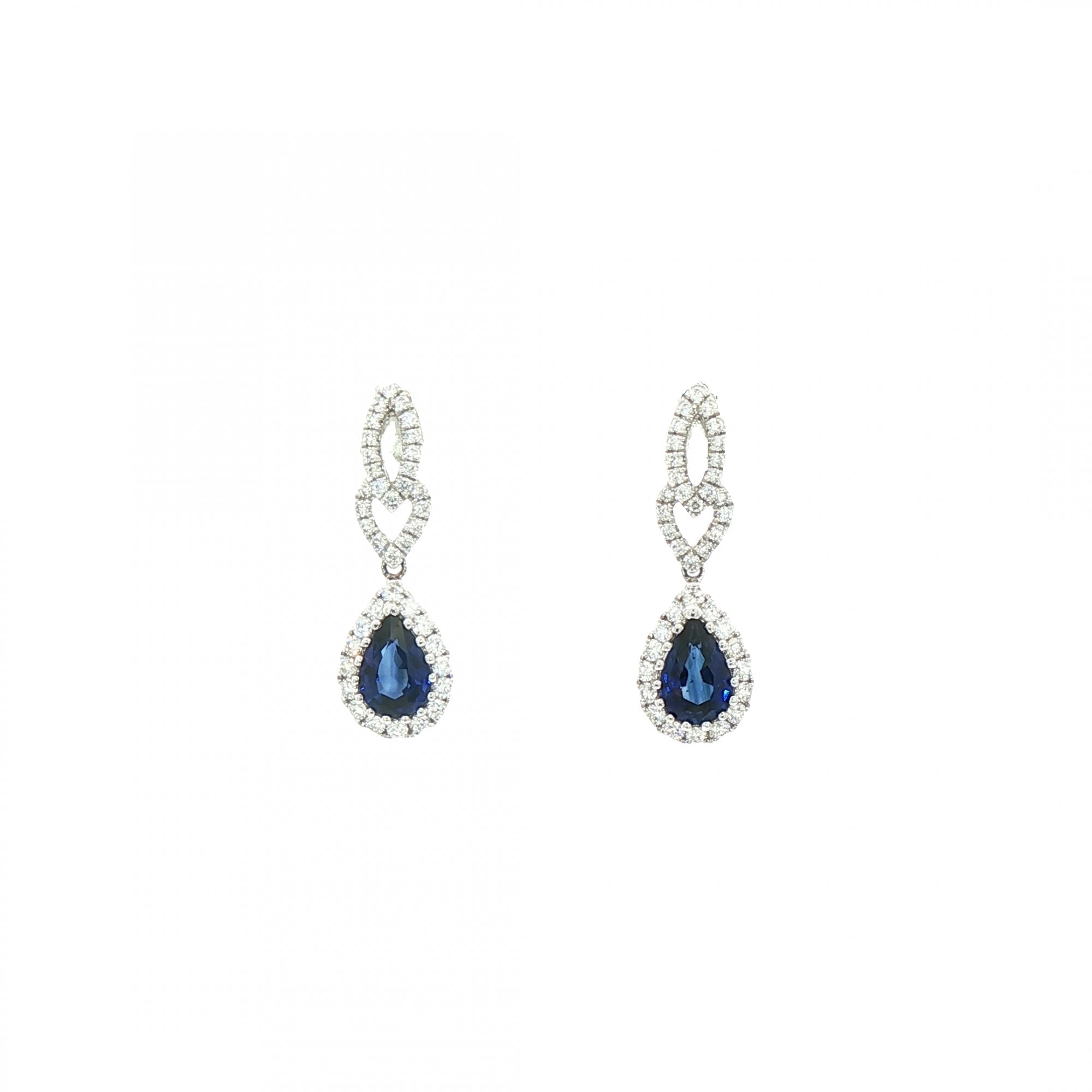 Pear Shaped Sapphire and Natural Diamond Drop Earrings in 18ct White Gold