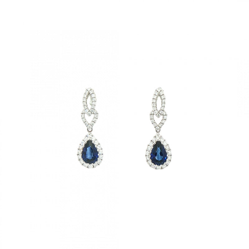 Pear Shaped Sapphire and Natural Diamond Drop Earrings in 18ct White Gold