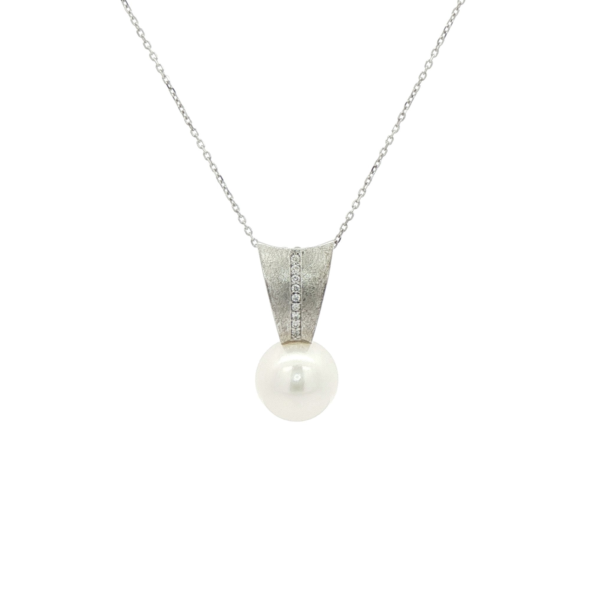 Pearl & Natural Diamond Drop Pendant in 9ct White Gold