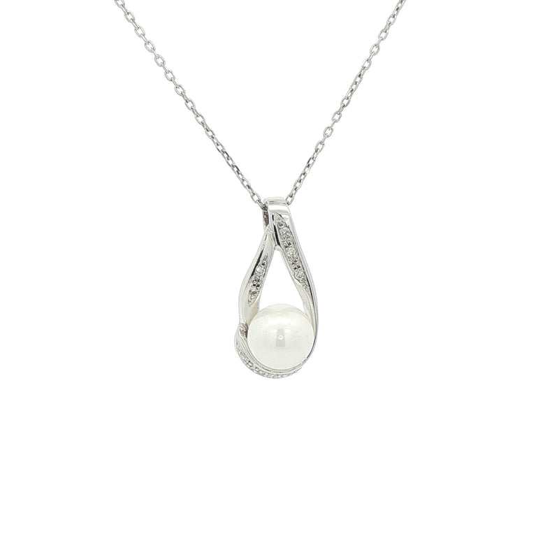 Pearl & Natural Diamond Teardrop Pendant in 18ct White Gold