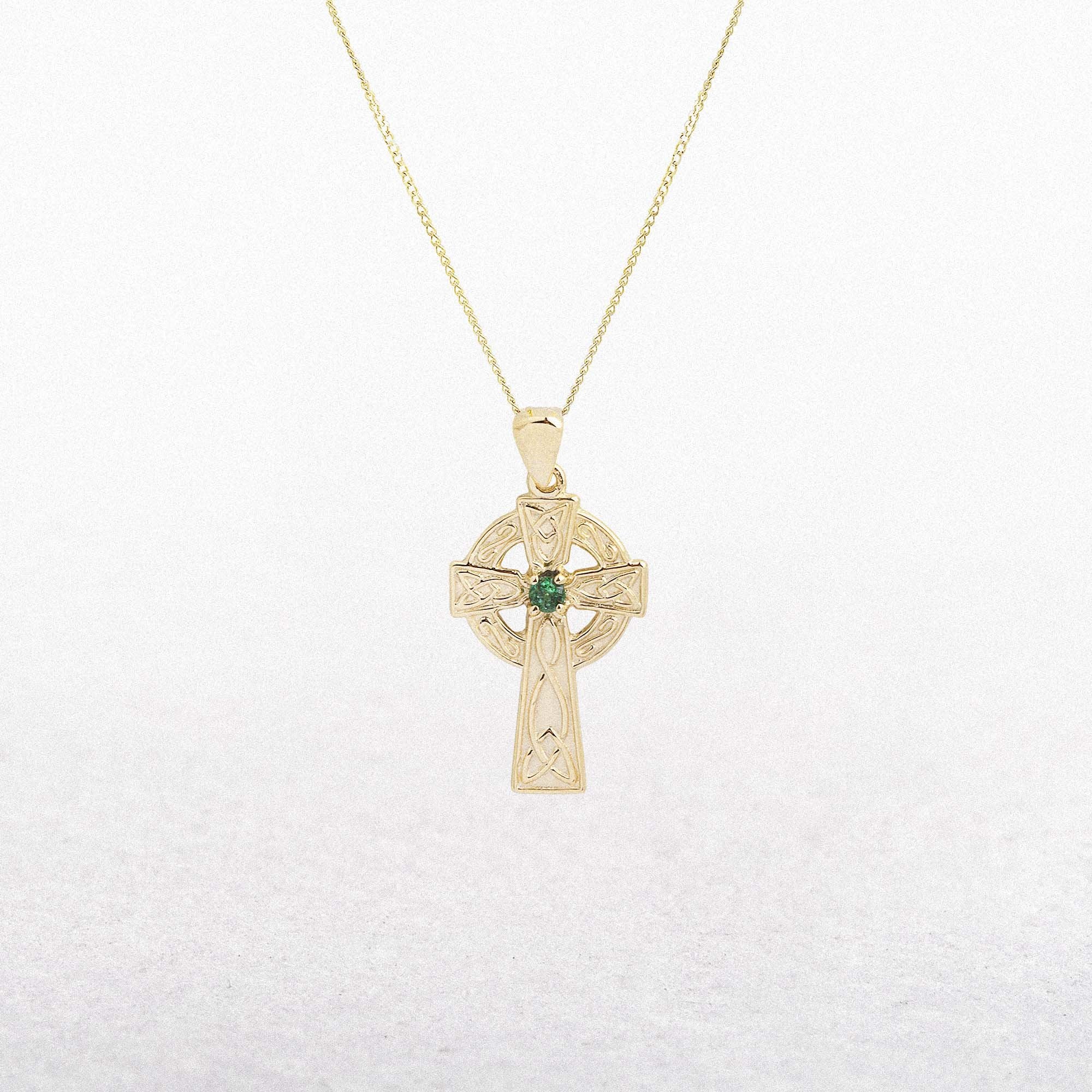 10ct Yellow Gold Emerald Set Celtic Cross & Chain
