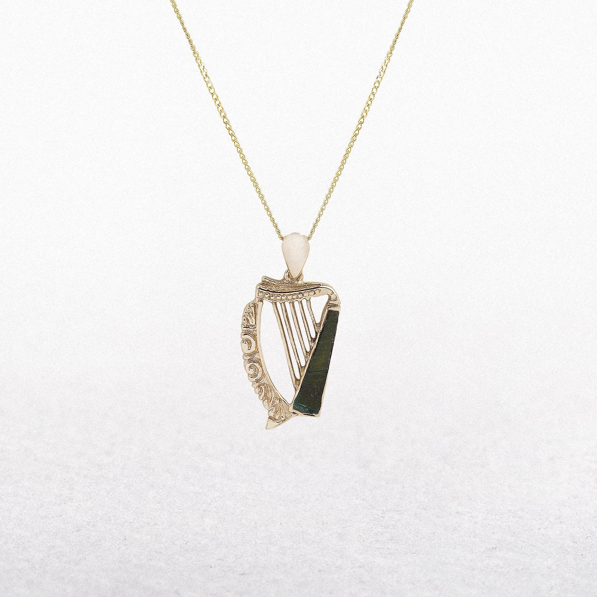 Connemara Marble Harp Pendant and Chain in 10ct Yellow Gold