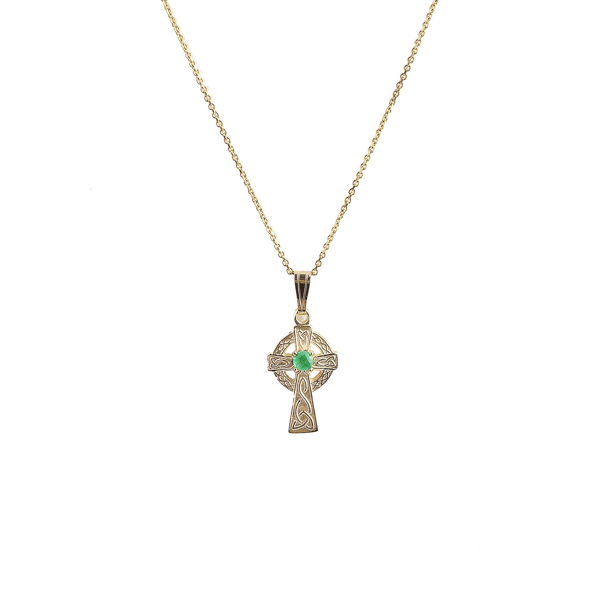 Petite Celtic Cross & Emerald On Chain In 10ct Yellow Gold