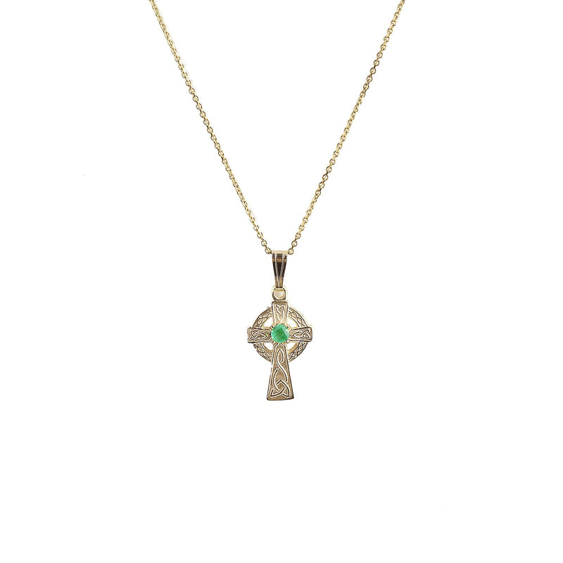 Petite Celtic Cross & Emerald On Chain In 10ct Yellow Gold