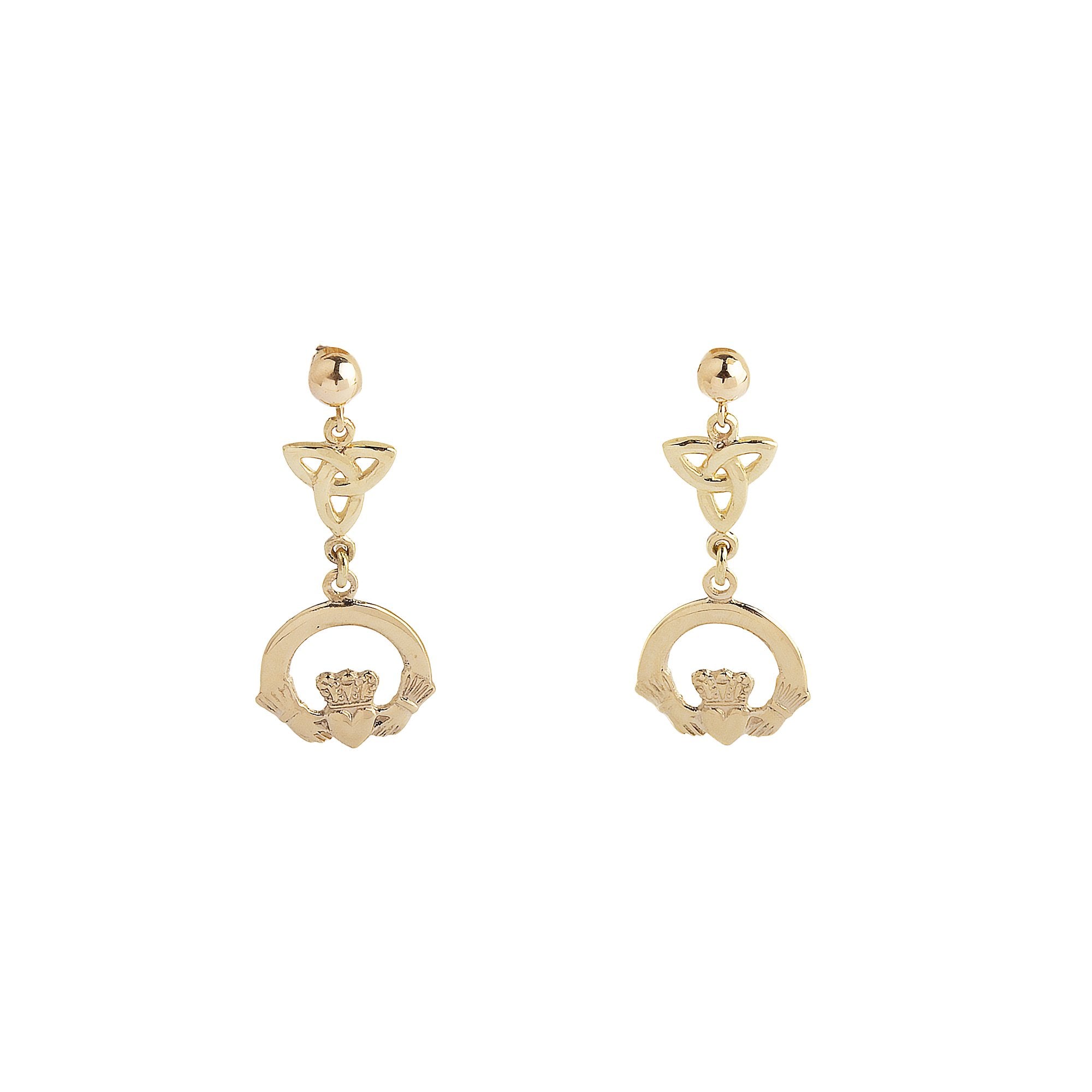 Petite Claddagh & Trinity Knot Drop Earrings in 10ct Yellow Gold