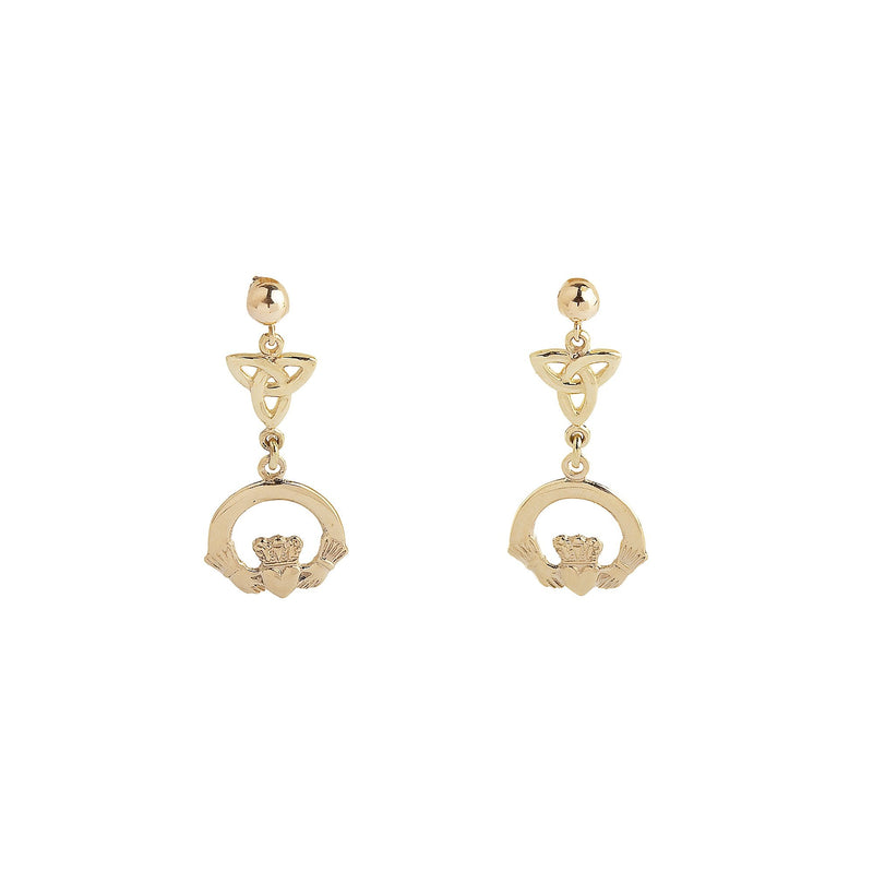 Petite Claddagh & Trinity Knot Drop Earrings in 10ct Yellow Gold