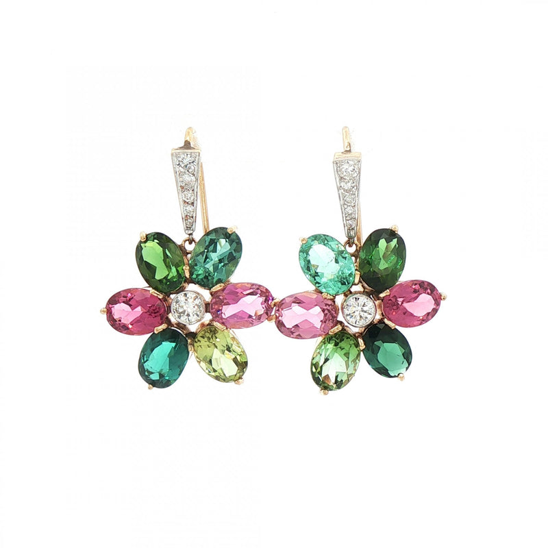 Pink and Green Tourmaline and Natural Diamond Floral Cluster Drop Earrings