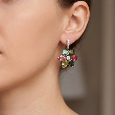 Pink and Green Tourmaline and Natural Diamond Floral Cluster Drop Earrings