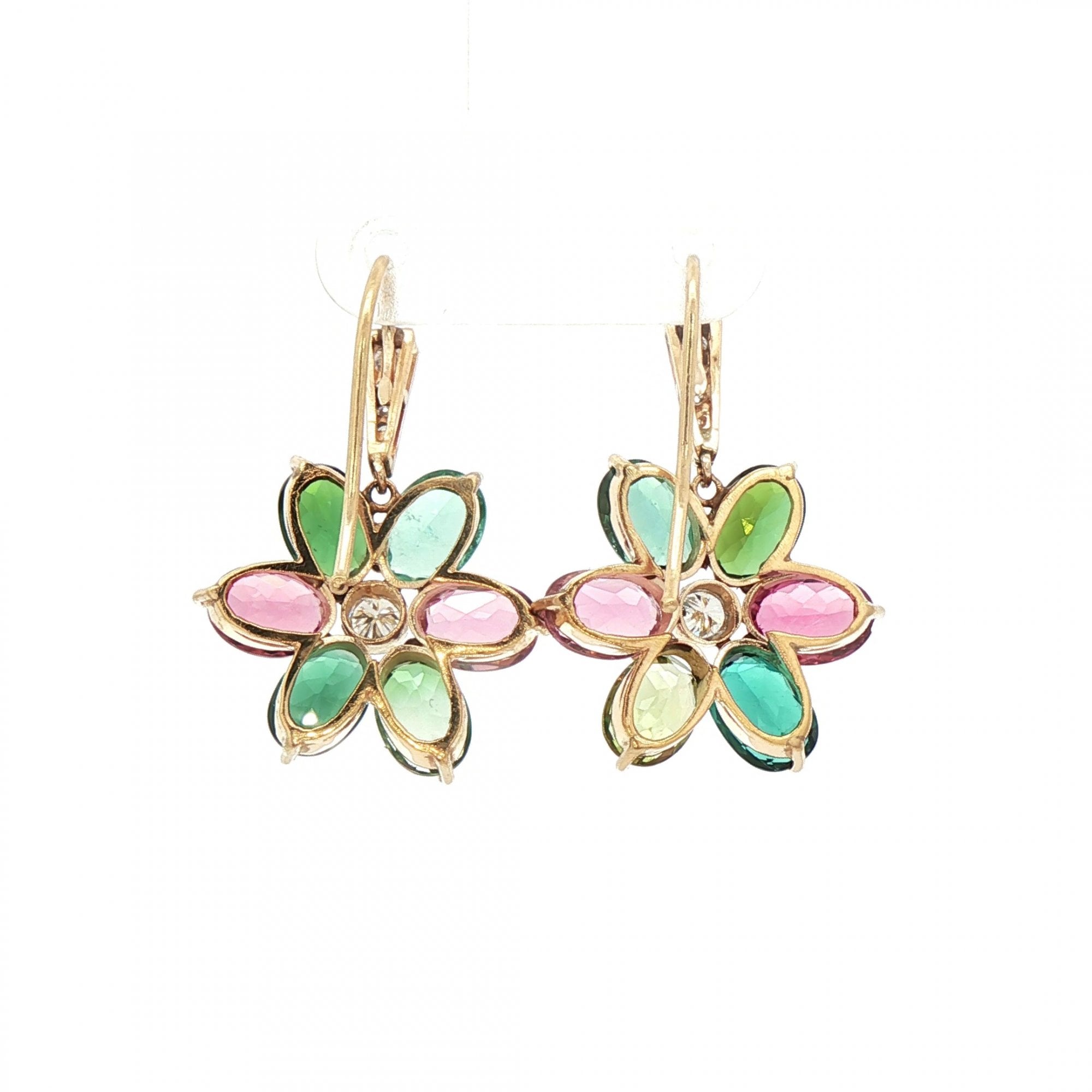 Pink and Green Tourmaline and Natural Diamond Floral Cluster Drop Earrings