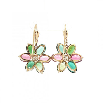 Pink and Green Tourmaline and Natural Diamond Floral Cluster Drop Earrings