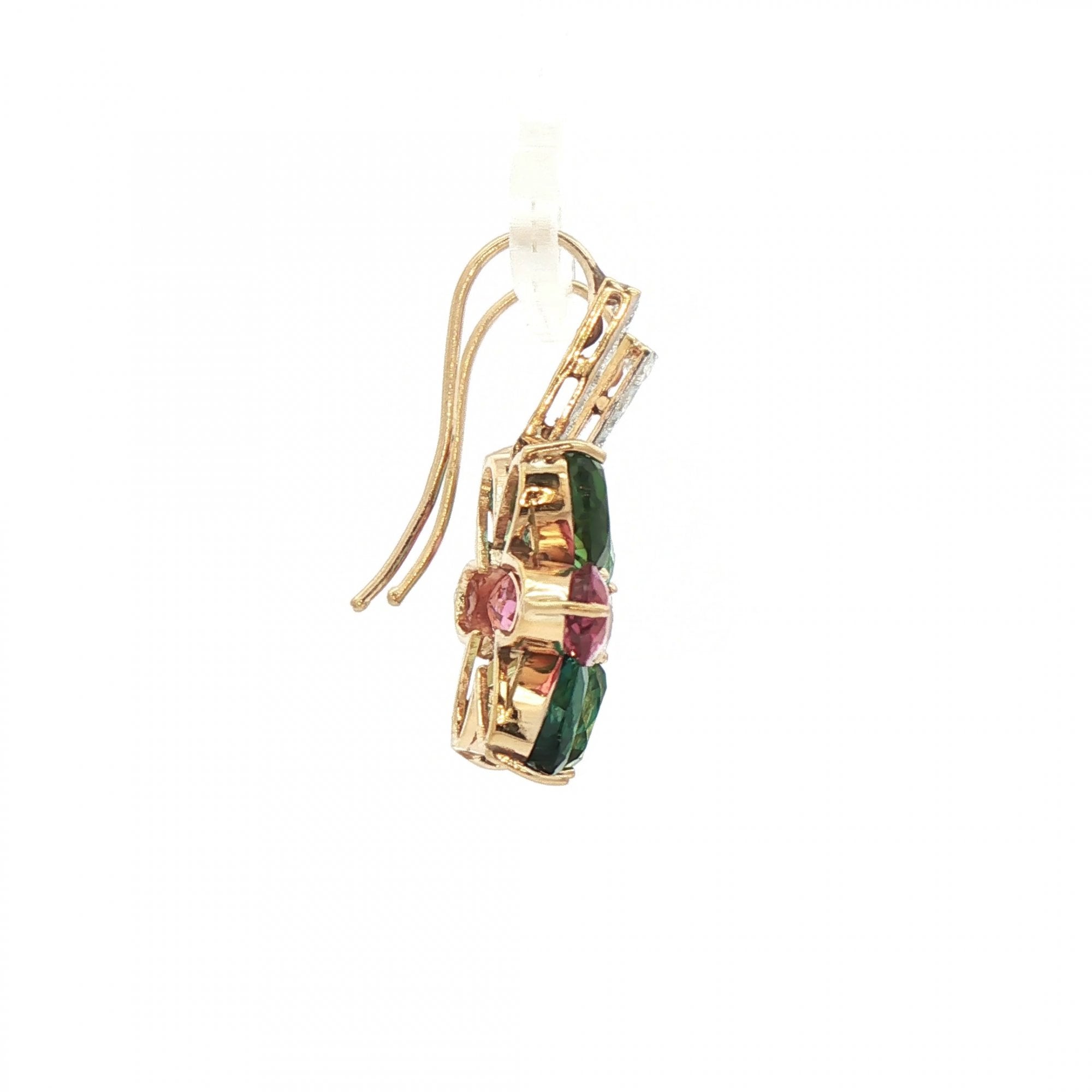 Pink and Green Tourmaline and Natural Diamond Floral Cluster Drop Earrings