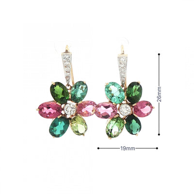 Pink and Green Tourmaline and Natural Diamond Floral Cluster Drop Earrings