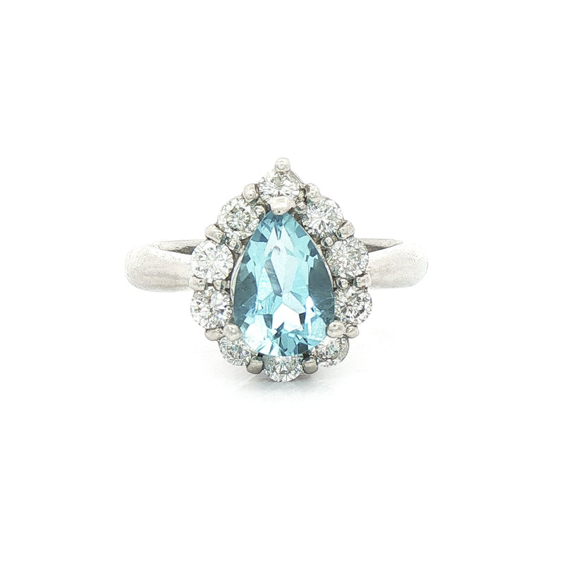 Platinum Aquamarine & Natural Diamond Pear Shape Cluster Ring