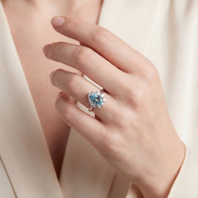 Platinum Aquamarine & Natural Diamond Pear Shape Cluster Ring