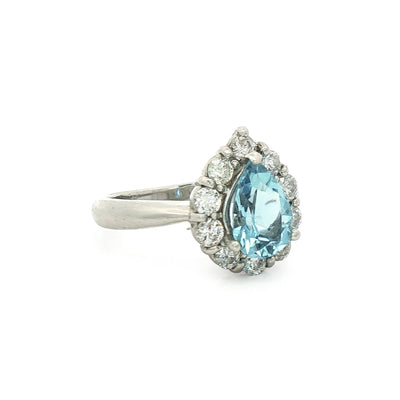 Platinum Aquamarine & Natural Diamond Pear Shape Cluster Ring