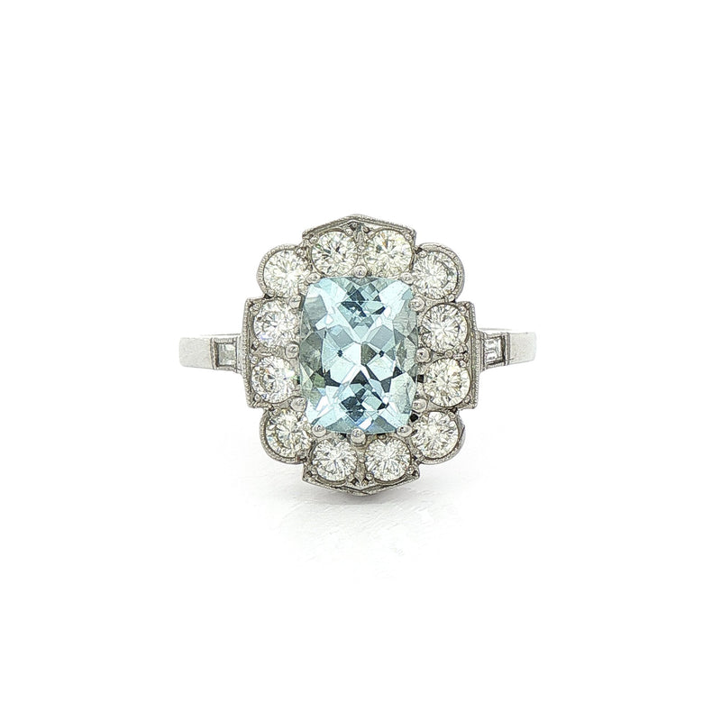 Platinum Aquamarine & Natural Diamond Rectangular Cluster Dress Ring