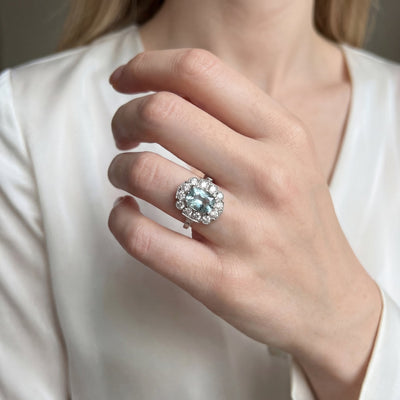 Platinum Aquamarine & Natural Diamond Rectangular Cluster Dress Ring