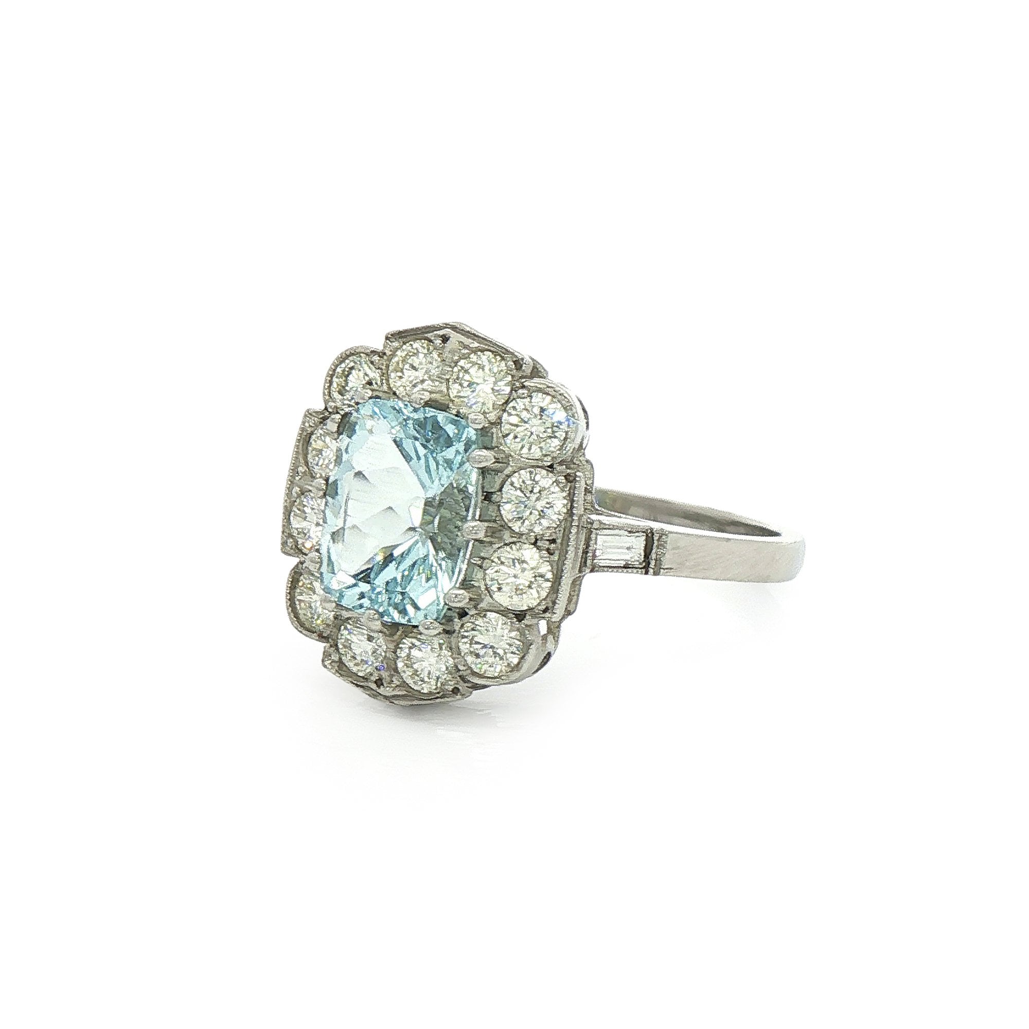 Platinum Aquamarine & Natural Diamond Rectangular Cluster Dress Ring