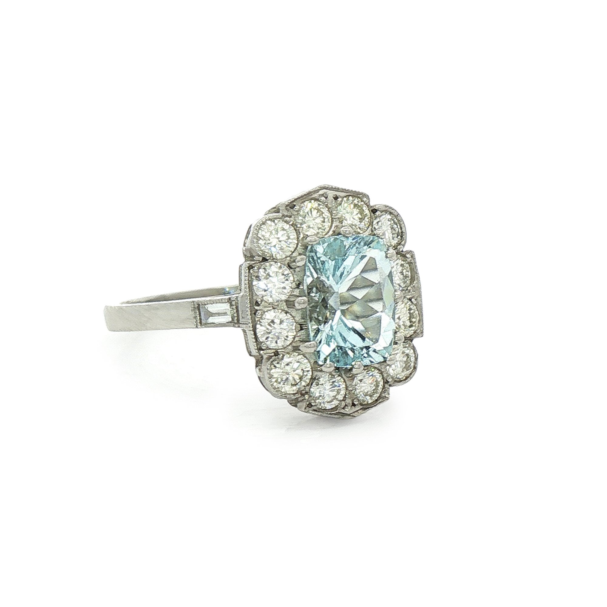 Platinum Aquamarine & Natural Diamond Rectangular Cluster Dress Ring