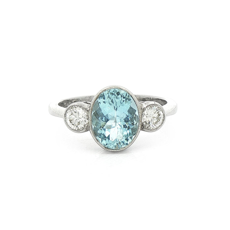 Platinum Aquamarine & Natural Diamond Three Stone Dress Ring