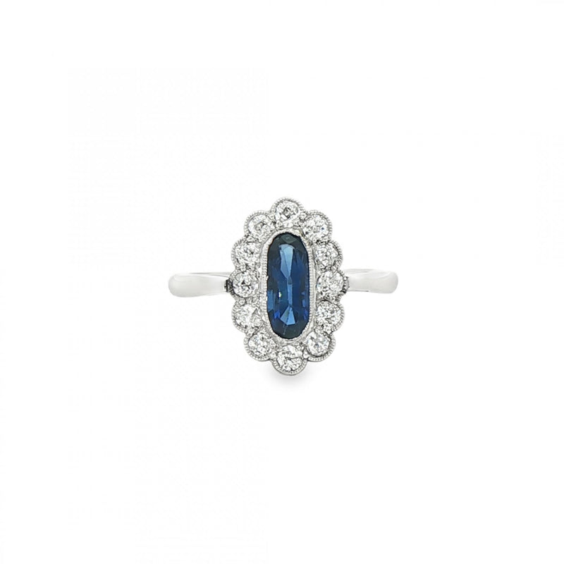 Platinum Vintage Art Deco Style Platinum narrow oval Sapphire and Natural Diamond grain set ring