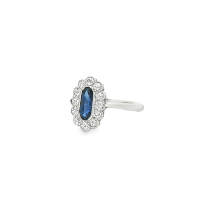 Platinum Vintage Art Deco Style Platinum narrow oval Sapphire and Natural Diamond grain set ring