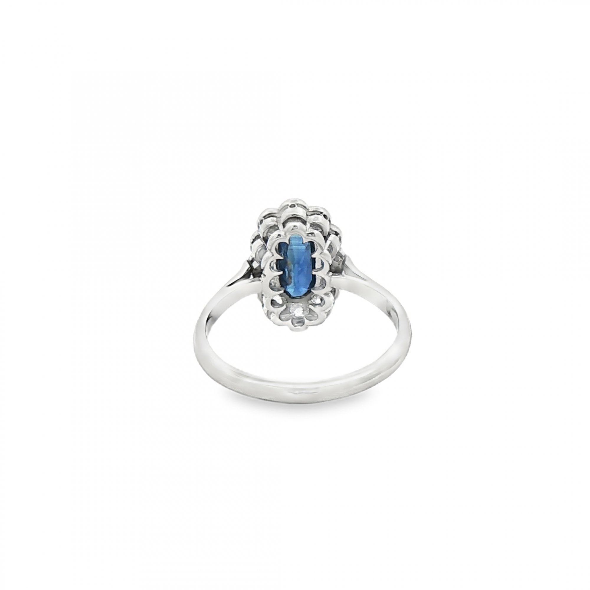 Platinum Vintage Art Deco Style Platinum narrow oval Sapphire and Natural Diamond grain set ring